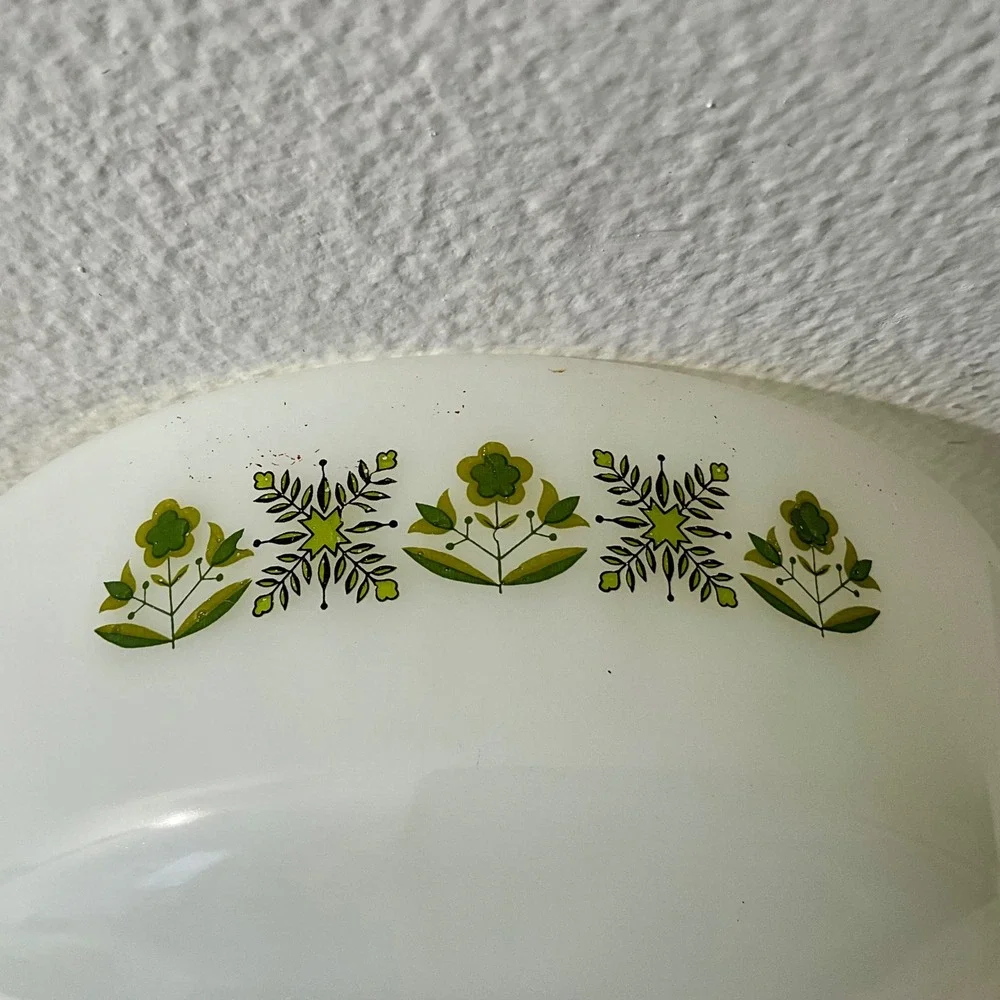 Vintage Anchor Hocking‎ Fire King Casserole Dish Green Floral USA
